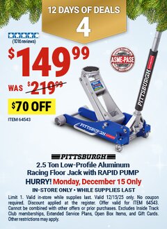 Harbor Freight Coupon PITTSBURGH 2.5 TON LOW-PROFILE ALUMINUM RACING FLOOR JACK WITH RAPID PUMP Lot No. 64543/64553 Expired: 12/15/25 - $149.99