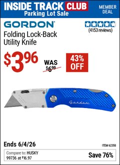 Harbor Freight ITC Coupon GORDON FOLDING LOCK-BACK UTILITY KNIFE Lot No. 62156/56917/62358 Expired: 6/4/26 - $3.96