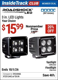 Harbor Freight Coupon ROADSHOCK 3 IN. LED LIGHT Lot No. 64323/64322 Valid: 12/31/69 - 10/1/26 - $15.99