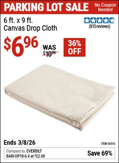 Harbor Freight Coupon 6 X 9 CANVAS DROP CLOTH Lot No. 56510 Expired: 3/8/26 - $6.96