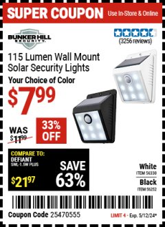 Harbor Freight Coupon 115 LUMEN WALL MOUNT SOLAR SECURITY LIGHTS Lot No. 56252,56330 EXPIRES: 5/12/24 - $7.99