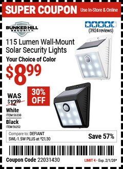 Harbor Freight Coupon BUNKER HILL SECURITY 115 LUMEN WALL-MOUNT SOLAR SECURITY LIGHT Lot No. 56252/56330 Valid Thru: 2/1/26 - $8.99
