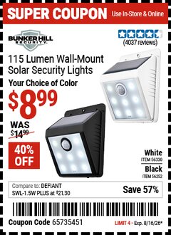 Harbor Freight Coupon BUNKER HILL SECURITY 115 LUMEN WALL-MOUNT SOLAR SECURITY LIGHT Lot No. 56252/56330 Expired: 8/16/26 - $8.99