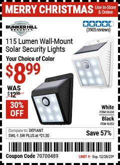 Harbor Freight Coupon BUNKER HILL SECURITY 115 LUMEN WALL-MOUNT SOLAR SECURITY LIGHT Lot No. 56252/56330 Expired: 12/28/25 - $8.99