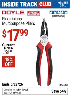 Harbor Freight ITC Coupon DOYLE ELECTRICIANS MULTIPURPOSE PLIERS Lot No. 64868 Expired: 5/28/26 - $17.99