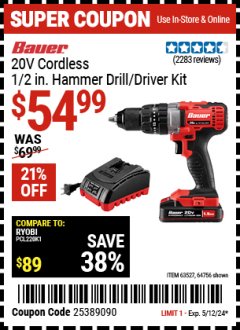 Harbor Freight Coupon 20 VOLT LITHIUM-ION CORDLESS 1/2" HAMMER DRILL KIT Lot No. 64756/63527 EXPIRES: 5/12/24 - $54.99