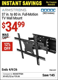 Harbor Freight Coupon ARMSTRONG 37 IN. TO 80 IN. FULL-MOTION TV WALL MOUNT Lot No. 64357 Valid Thru: 4/9/26 - $34.99