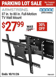 Harbor Freight Coupon ARMSTRONG 37 IN. TO 80 IN. FULL-MOTION TV WALL MOUNT Lot No. 64357 Valid Thru: 10/11/26 - $27.99
