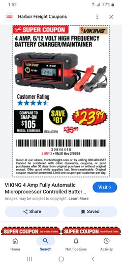 Harbor Freight Coupon 4 AMP, 6/12 VOLT HIGH FREQUENCY BATTERY CHARGER/MAINTAINER Lot No. 63350 Expired: 2/29/20 - $23.99