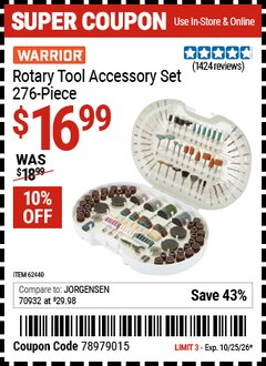 Harbor Freight Coupon WARRIOR ROTARY TOOL ACCESSORY SET, 276-PIECE Lot No. 62440 EXPIRES: 10/25/26 - $16.99