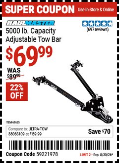 Harbor Freight Coupon HAUL-MASTER 5000 LB. CAPACITY ADJUSTABLE TOW BAR Lot No. 61625/94696 EXPIRES: 8/30/26 - $69.99