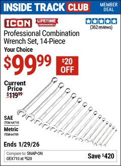Harbor Freight ITC Coupon ICON PROFESSIONAL COMBINATION WRENCH SET, 14 PIECE Lot No. 64709/64710 Dates Valid: 12/31/69 - 1/29/26 - $99.99