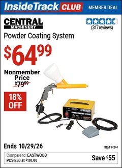Harbor Freight ITC Coupon CENTRAL MACHINERY POWDER COATING SYSTEM Lot No. 94244 Dates Valid: 12/31/69 - 10/29/26 - $64.99