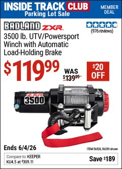 Harbor Freight ITC Coupon BADLAND ZXR 3500 LB. UTV/POWERSPORT WINCH WITH AUTOMATIC LOAD-HOLDING BRAKE Lot No. 56259 Expired: 6/4/26 - $119.99