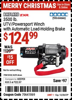 Harbor Freight Coupon BADLAND ZXR 3500 LB. UTV/POWERSPORT WINCH WITH AUTOMATIC LOAD-HOLDING BRAKE Lot No. 56259 Expired: 12/28/25 - $124.99