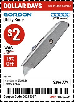 Harbor Freight Coupon GORDON UTILITY KNIFE Lot No. 3359 Valid Thru: 4/22/26 - $2