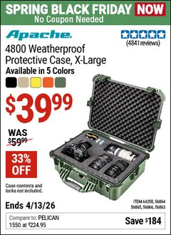 Harbor Freight Coupon APACHE 4800 WEATHERPROOF PROTECTIVE CASE, X-LARGE Lot No. 56863/56864/56865/56866/64250 Expired: 4/12/26 - $39.99