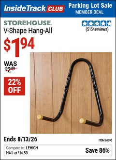 Harbor Freight ITC Coupon STOREHOUSE V-SHAPE HANG-ALL Lot No. 38442/61430/61533/68995 Expired: 8/13/26 - $1.94