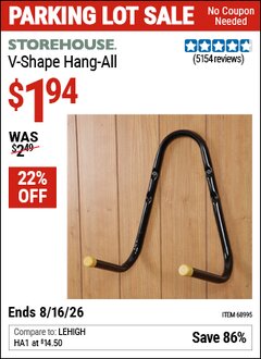 Harbor Freight Coupon STOREHOUSE V-SHAPE HANG-ALL Lot No. 38442/61430/61533/68995 Expired: 8/16/26 - $1.94