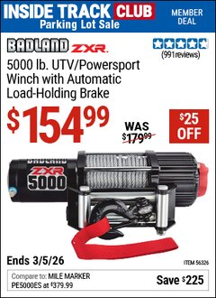 Harbor Freight ITC Coupon BADLAND ZXR 5000 LB. UTV/POWERSPORT WINCH WITH AUTOMATIC LOAD-HOLDING BRAKE Lot No. 56326/56530 Expired: 3/5/26 - $154.99