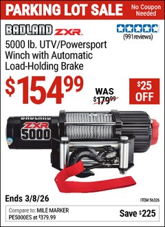 Harbor Freight Coupon BADLAND ZXR 5000 LB. UTV/POWERSPORT WINCH WITH AUTOMATIC LOAD-HOLDING BRAKE Lot No. 56326/56530 Expired: 3/8/26 - $154.99