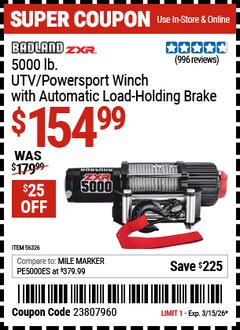 Harbor Freight Coupon BADLAND ZXR 5000 LB. UTV/POWERSPORT WINCH WITH AUTOMATIC LOAD-HOLDING BRAKE Lot No. 56326/56530 Expired: 3/15/26 - $154.99