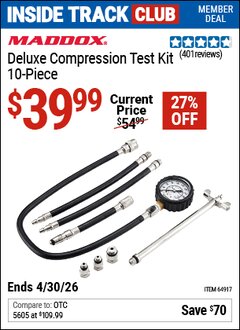 Harbor Freight ITC Coupon MADDOX DELUXE COMPRESSION TEST KIT, 10-PIECE Lot No. 64917 Dates Valid: 12/31/69 - 4/30/26 - $39.99