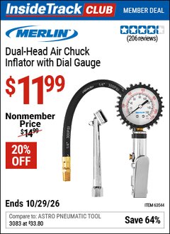 Harbor Freight ITC Coupon MERLIN DUAL-HEAD AIR CHUCK INFLATOR WITH DIAL GAUGE Lot No. 63544 Dates Valid: 12/31/69 - 10/29/26 - $11.99