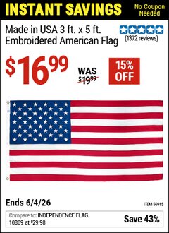 Harbor Freight Coupon BETSY FLAGS MADE IN USA 3 FT. X 5 FT. EMBROIDERED AMERICAN FLAG Lot No. 56915 Valid Thru: 6/4/26 - $16.99