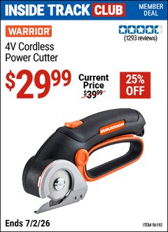 Harbor Freight Coupon WARRIOR 4V CORDLESS POWER CUTTER Lot No. 56192 Valid: 12/31/69 - 7/2/26 - $29.99