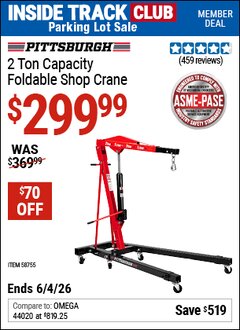 Harbor Freight ITC Coupon PITTSBURGH 2 TON CAPACITY FOLDABLE SHOP CRANE Lot No. 58755 Expired: 6/4/26 - $299.99