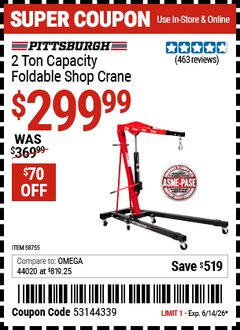 Harbor Freight Coupon PITTSBURGH 2 TON CAPACITY FOLDABLE SHOP CRANE Lot No. 58755 Expired: 6/14/26 - $299.99