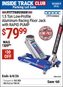 Harbor Freight ITC Coupon PITTSBURGH 1.5 TON LOW-PROFILE ALUMINUM RACING FLOOR JACK WITH RAPID PUMP Lot No. 64545 Expired: 6/4/26 - $79.99
