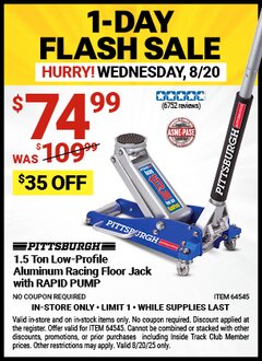 Harbor Freight Coupon PITTSBURGH 1.5 TON LOW-PROFILE ALUMINUM RACING FLOOR JACK WITH RAPID PUMP Lot No. 64545 Expired: 8/20/25 - $74.99