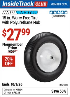 Harbor Freight Coupon HAUL-MASTER 15 IN. WORRY-FREE TIRE WITH POLYURETHANE HUB Lot No. 96690/62640 Valid: 12/31/69 - 10/1/26 - $27.99