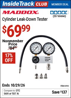Harbor Freight ITC Coupon MADDOX CYLINDER LEAK-DOWN TESTER Lot No. 64918 Dates Valid: 12/31/69 - 10/29/26 - $69.99