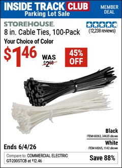 Harbor Freight ITC Coupon STOREHOUSE 8 IN. CABLE TIES, 100-PACK Lot No. 1142/60265/34635/60263 Expired: 6/4/26 - $1.46
