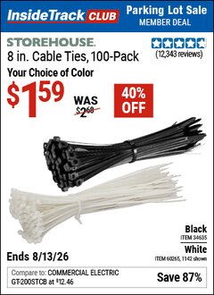 Harbor Freight ITC Coupon STOREHOUSE 8 IN. CABLE TIES, 100-PACK Lot No. 1142/60265/34635/60263 Expired: 8/13/26 - $1.59