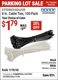 Harbor Freight Coupon STOREHOUSE 8 IN. CABLE TIES, 100-PACK Lot No. 1142/60265/34635/60263 Expired: 12/31/69 - $1.79