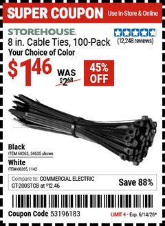 Harbor Freight Coupon STOREHOUSE 8 IN. CABLE TIES, 100-PACK Lot No. 1142/60265/34635/60263 Expired: 6/14/26 - $1.46