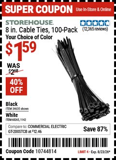 Harbor Freight Coupon STOREHOUSE 8 IN. CABLE TIES, 100-PACK Lot No. 1142/60265/34635/60263 Expired: 8/23/26 - $1.59
