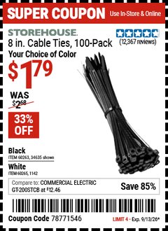 Harbor Freight Coupon STOREHOUSE 8 IN. CABLE TIES, 100-PACK Lot No. 1142/60265/34635/60263 Valid Thru: 9/13/26 - $1.79