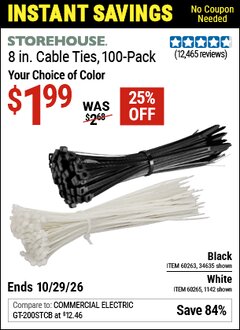 Harbor Freight Coupon STOREHOUSE 8 IN. CABLE TIES, 100-PACK Lot No. 1142/60265/34635/60263 EXPIRES: 10/29/26 - $1.99