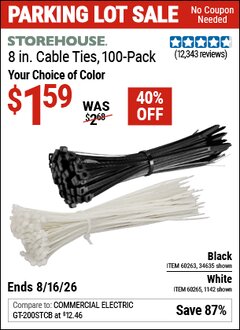 Harbor Freight Coupon STOREHOUSE 8 IN. CABLE TIES, 100-PACK Lot No. 1142/60265/34635/60263 Expired: 8/16/26 - $1.59