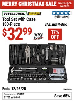 Harbor Freight Coupon PITTSBURGH TOOL KIT WITH CASE 130 PC. Lot No. 64263/68998/63248/64080/63091 Valid Thru: 12/26/25 - $32.99