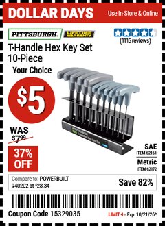 Harbor Freight Coupon PITTSBURGH T-HANDLE HEX KEY SET, 10-PIECE Lot No. 62161/62172 EXPIRES: 10/21/26 - $5