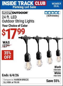 Harbor Freight ITC Coupon LUMINAR OUTDOOR 24 FT. LED OUTDOOR STRING LIGHTS Lot No. 56869/70990 Expired: 6/4/26 - $17.99