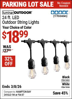 Harbor Freight Coupon LUMINAR OUTDOOR 24 FT. LED OUTDOOR STRING LIGHTS Lot No. 56869/70990 Expired: 3/8/26 - $18.99