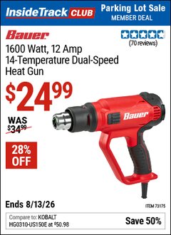 Harbor Freight ITC Coupon BAUER 1600 WATT, 12 AMP, 14-TEMPERATURE DUAL-SPEED HEAT GUN Lot No. 64112 Expired: 8/13/26 - $24.99