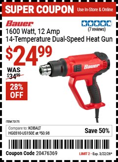 Harbor Freight Coupon BAUER 1600 WATT, 12 AMP, 14-TEMPERATURE DUAL-SPEED HEAT GUN Lot No. 64112 Valid Thru: 3/22/26 - $24.99
